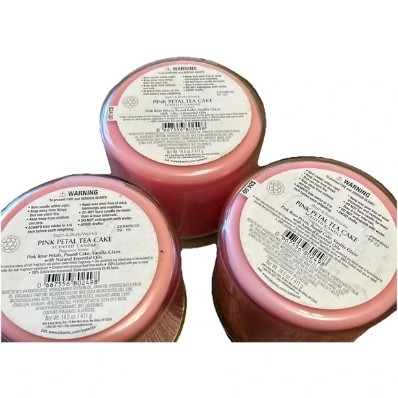 Bath & Body Works Pink Petal Tea Cake 3-Wick Candles Bakery Floral New Lot Of 3*